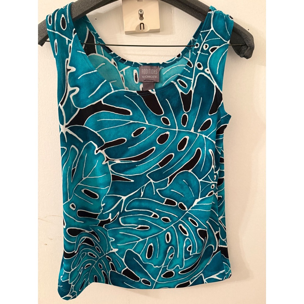Chicos Additions Womens Teal Black Monstera Leaf Tropical Tank Top Size 0 S - Picture 1 of 3